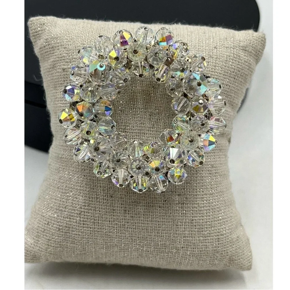 Vintage Clear Round Aura Borealis Crystal Silver Brooch